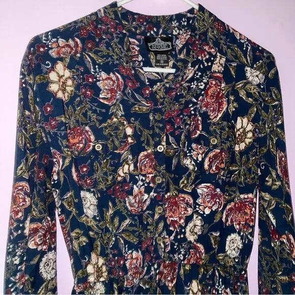 Angie Midi Dress M Navy Floral Blouson Long Sleeve Button - Picture 2 of 9